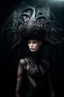 Woman in black lace and exotic hat. AI Generated. Art Print